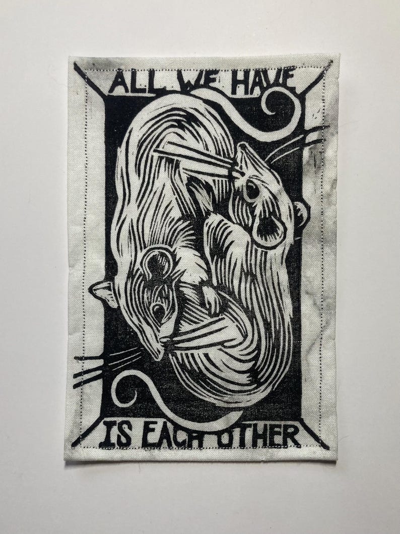 Handmade Linocut Patch - Rats / All We Have Is Each Other Black/Marble