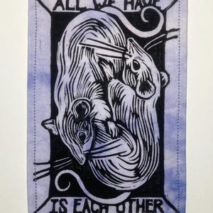 Handmade Linocut Patch - Rats / All We Have Is Each Other Black/Purple Marble