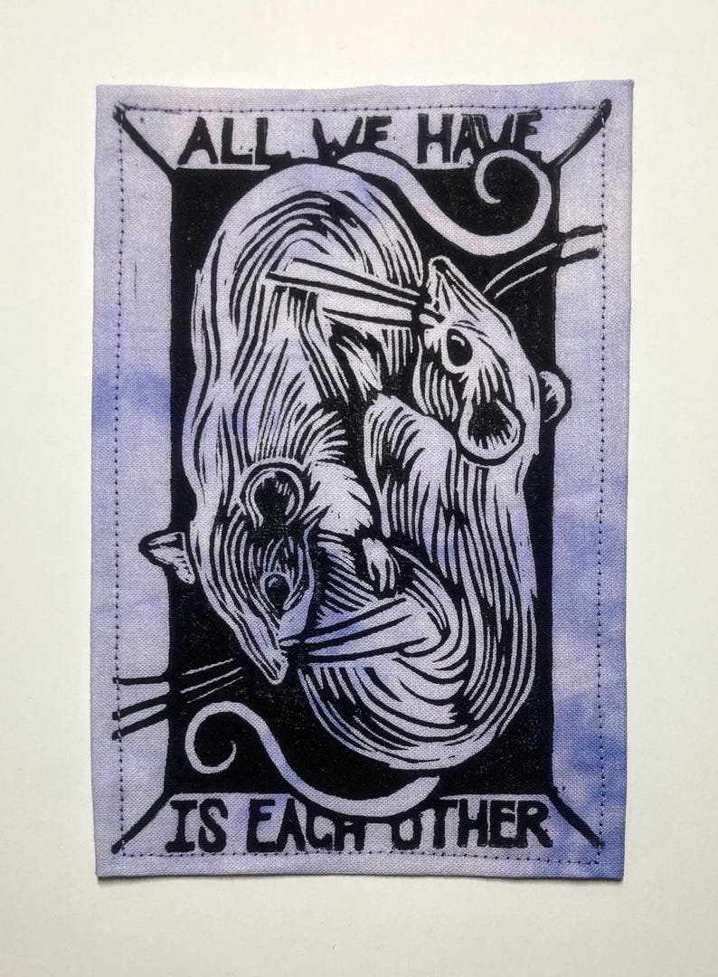 Handmade Linocut Patch - Rats / All We Have Is Each Other Black/Purple Marble