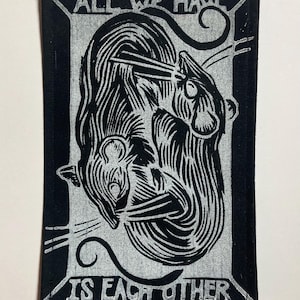 Handmade Linocut Patch - Rats / All We Have Is Each Other White on Black