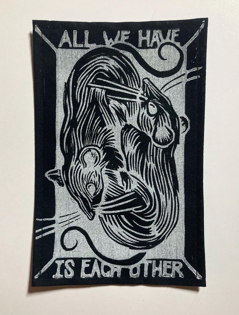 Handmade Linocut Patch - Rats / All We Have Is Each Other White on Black