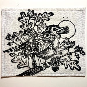 Handmade Linocut Patch - Wren in the Oak