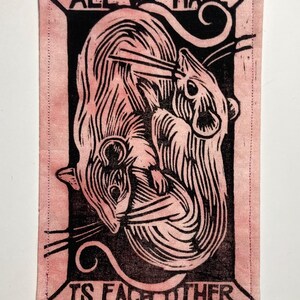 Handmade Linocut Patch - Rats / All We Have Is Each Other Black/Pink Marble