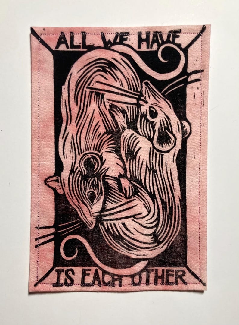 Handmade Linocut Patch - Rats / All We Have Is Each Other Black/Pink Marble