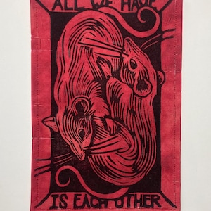 Handmade Linocut Patch - Rats / All We Have Is Each Other Black/Red Marble
