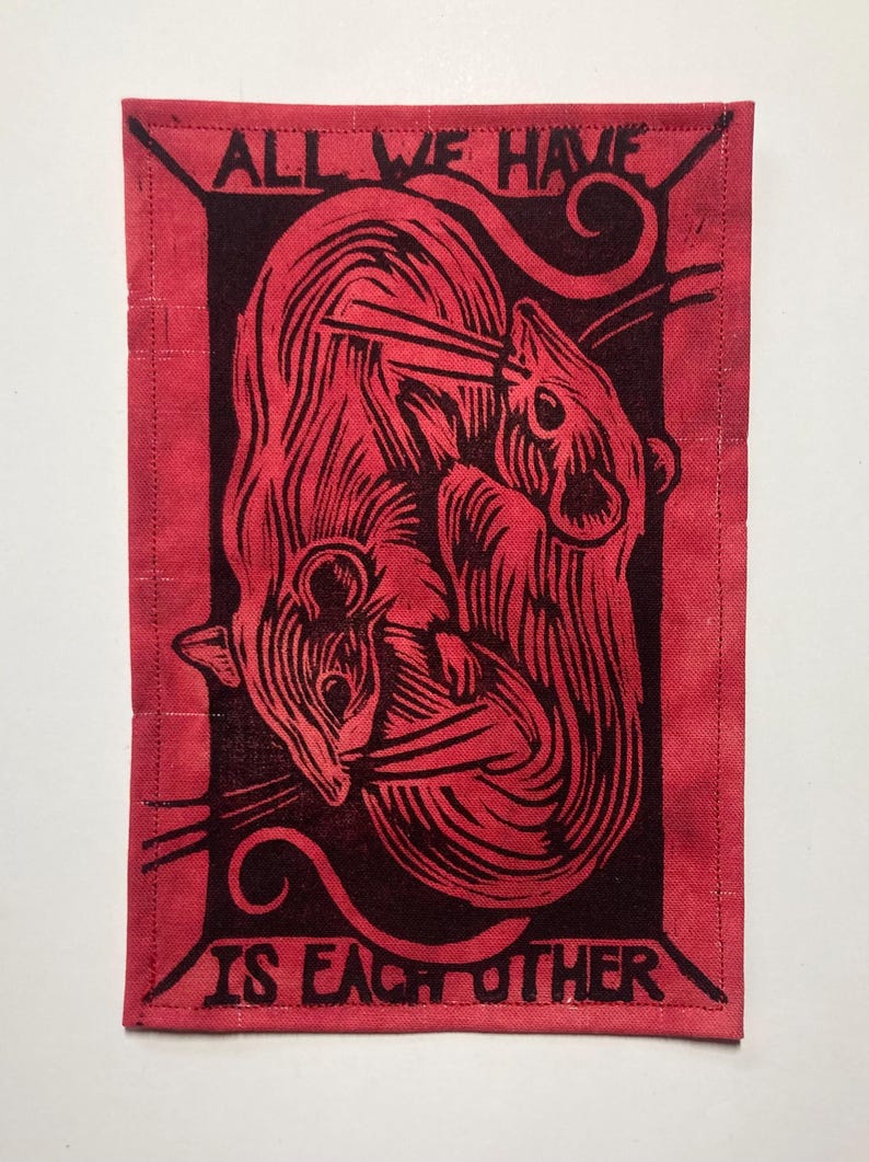 Handmade Linocut Patch - Rats / All We Have Is Each Other Black/Red Marble