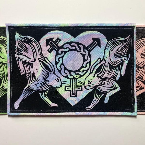 Handmade Linocut Patch - Trans Symbol / Hares