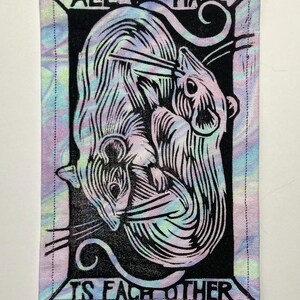 Handmade Linocut Patch - Rats / All We Have Is Each Other Black/Candy
