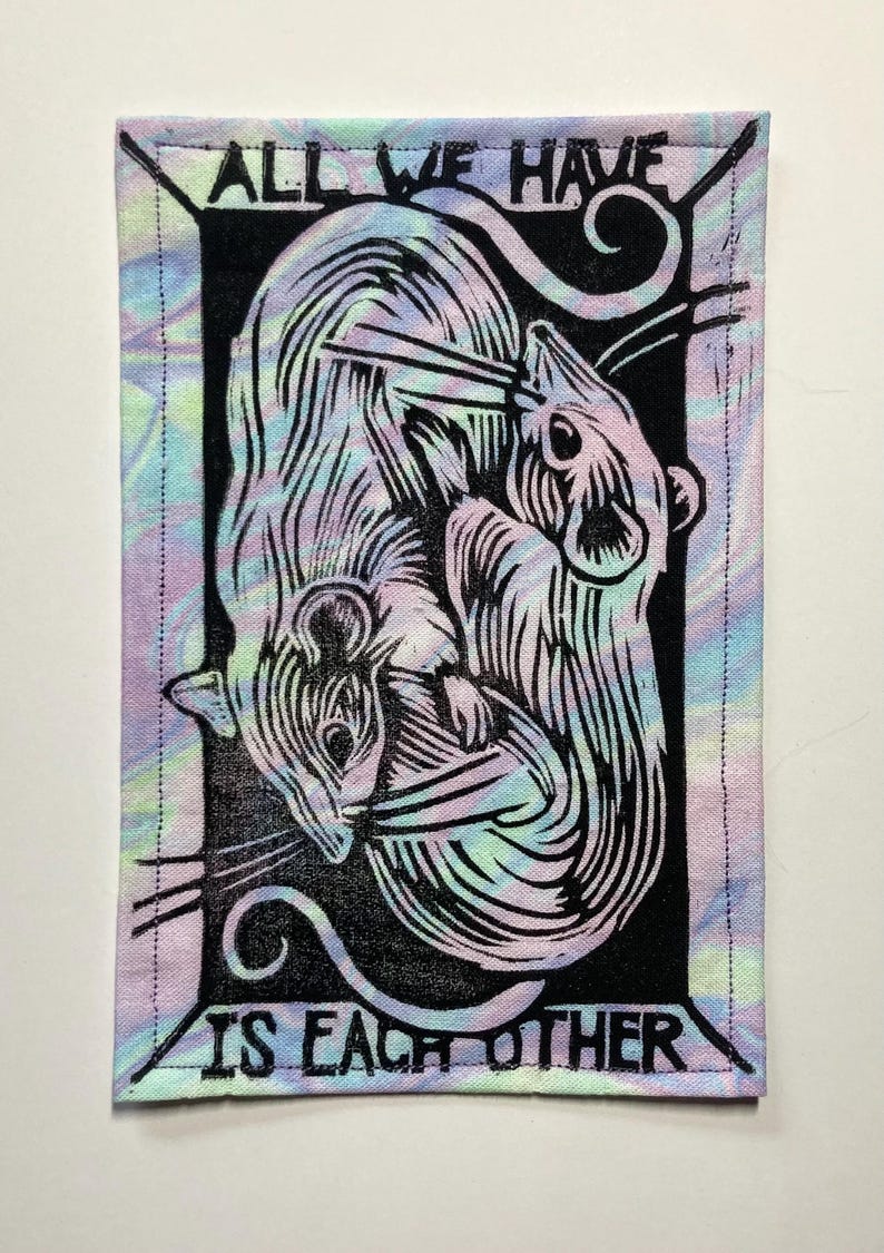 Handmade Linocut Patch - Rats / All We Have Is Each Other Black/Candy