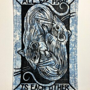 Handmade Linocut Patch - Rats / All We Have Is Each Other Black/Blue Crackle
