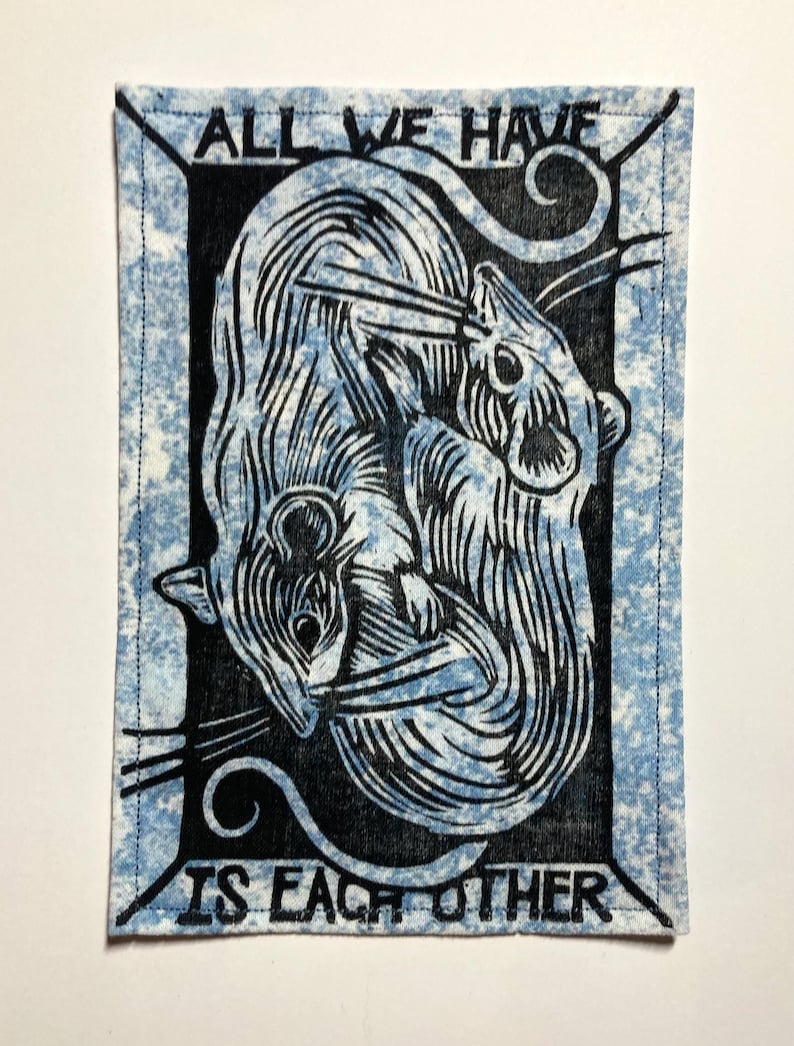 Handmade Linocut Patch - Rats / All We Have Is Each Other Black/Blue Crackle