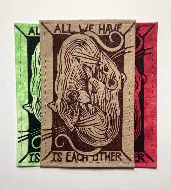Handmade Linocut Patch - Rats / All We Have Is Each Other