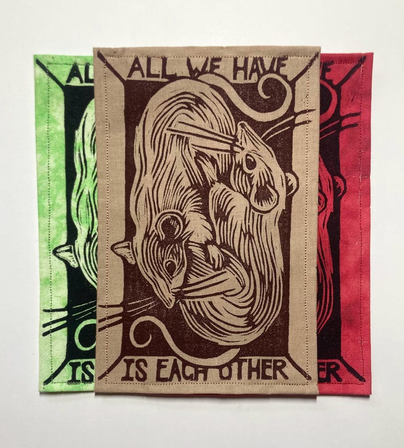 Handmade Linocut Patch - Rats / All We Have Is Each Other image 1