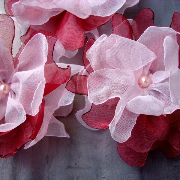 6 PIECES CURRENT RED / LIGHT PINK ORGANZA BLOSSOMS  FABRIC FLOWERS