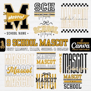 May include: A digital graphic design set featuring nine school mascot logo templates in black, white, and gold. The designs include various typography styles, pennant icons, and checkerboard patterns with text placeholders like Mascot, School Name, and Panda.