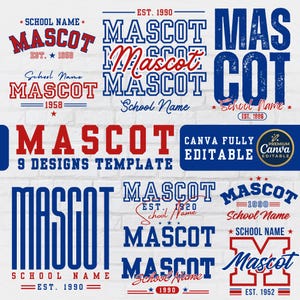 以下が含まれることがあります： MASCOTとSchool Nameという文字が様々な青と赤のアスレチックフォントでデザインされた9つのレイアウトを持つデジタルグラフィックデザインテンプレート。EST. 1958、1990、1996、1920、1952などのテキストが含まれ、Canvaで編集可能なテキストとなっています。