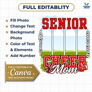 Editable Senior Cheer Mom 2026 PNG Canva frame, custom senior night graduation sublimation design, digital download gift