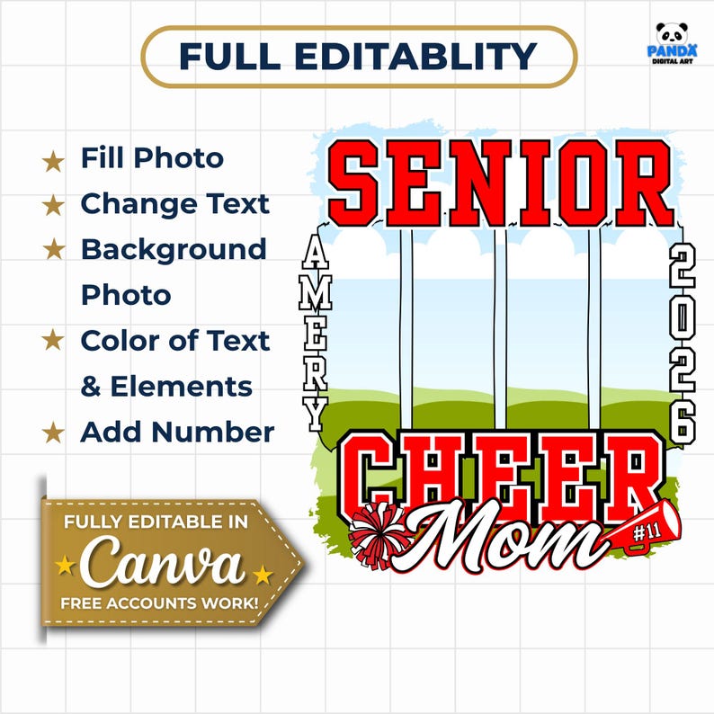 Editable Senior Cheer Mom 2026 PNG Canva frame, custom senior night graduation sublimation design, digital download gift