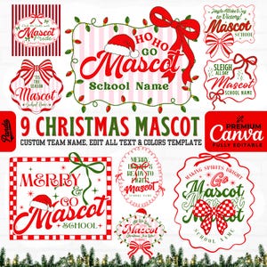 Puede incluir: Una colección digital de nueve diseños gráficos con temática navideña que incluyen texto en rojo y verde, gorros de Papá Noel, lazos y luces. El texto incluye frases como Ho Ho Go Mascot, Merry and Go Mascot y Sleigh All Day Mascot School Name.