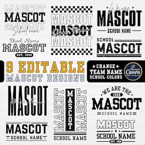 Puede incluir: Una colección de nueve diseños gráficos editables que presentan la palabra MASCOT y SCHOOL NAME en varios estilos tipográficos en blanco y negro, incluyendo patrones de tablero de ajedrez, letras en bloque y diseños de estilo vintage sobre fondo blanco.
