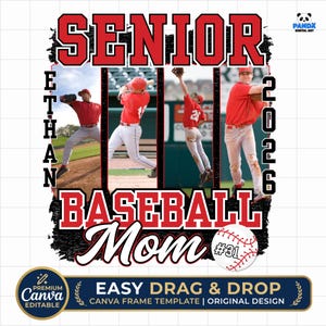 Puede incluir: Un diseño con temática de béisbol con el texto "SENIOR 2026" en letras rojas. El diseño incluye fotos de un jugador de béisbol, el nombre "ETHAN" y las palabras "BASEBALL Mom". También aparece una pelota de béisbol con el número "31".