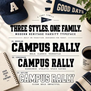 Könnte beinhalten: Eine grafische Darstellung der Schriftfamilie Campus Rally mit drei Stilen: Regular, Condensed und Outline. Der Text enthält Three Styles. One Family. Modern Heritage Varsity Typeface. Built on tradition. Designed for today. Campus Rally.