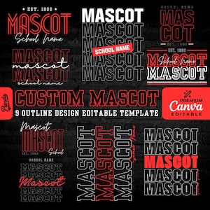 Peut inclure: Un modèle graphique numérique présentant neuf designs de contour distincts du mot MASCOT en texte rouge et blanc sur fond noir. La mise en page comprend divers styles typographiques, le texte CUSTOM MASCOT et des espaces modifiables.