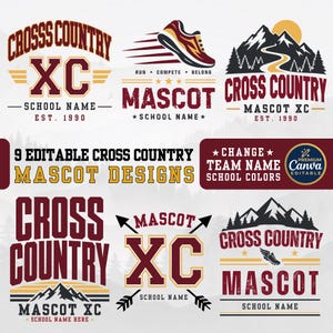 Pode incluir: Uma coleção de nove designs editáveis de mascotes de cross country com tipografia bordô e dourada, silhuetas de montanhas, tênis de corrida e setas. O texto inclui frases como Cross Country, XC, Mascot e School Name.