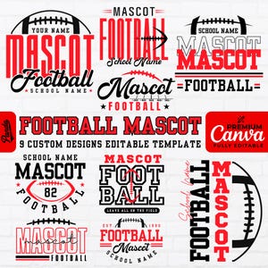 Plantilla personalizada para camisetas de equipos de fútbol, ​​diseño personalizado de mascotas escolares, paquete de ropa para el día del partido, 9 plantillas editables de Canva.