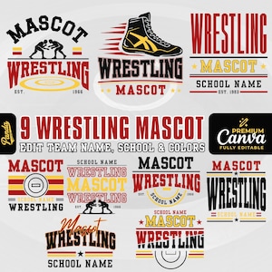 May include: A collection of nine wrestling mascot logo designs featuring various typography, wrestling shoe graphics, and silhouettes of wrestlers. The text includes "WRESTLING", "MASCOT", "SCHOOL NAME", "EST. 1966", and "EST. 1983" in red, black, and yellow colors.