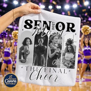 May include: A white custom blanket featuring the text SENIOR 2027 MOM and THE FINAL CHEER. The design includes four black and white photo frames showing a cheerleader in various poses, with the name Olivia's printed near the final photo.