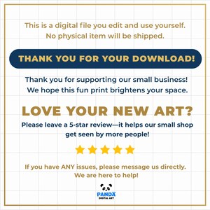Puede incluir: Impresi&oacute;n de arte digital con texto: "THANK YOU FOR YOUR DOWNLOAD!" y "LOVE YOUR NEW ART?" La impresi&oacute;n tambi&eacute;n incluye un logotipo de panda y el texto "PANDA DIGITAL ART". El fondo es blanco con bordes dorados.
