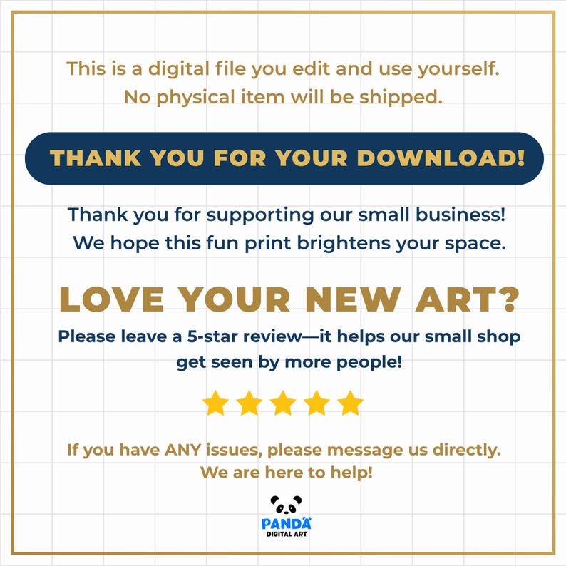 Puede incluir: Impresi&oacute;n de arte digital con texto: "THANK YOU FOR YOUR DOWNLOAD!" y "LOVE YOUR NEW ART?" La impresi&oacute;n tambi&eacute;n incluye un logotipo de panda y el texto "PANDA DIGITAL ART". El fondo es blanco con bordes dorados.