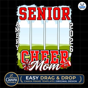 Editable Senior Cheer Mom 2026 PNG Canva frame, custom senior night graduation sublimation design, digital download gift