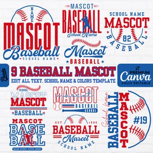 May include: A digital graphic design template featuring nine distinct baseball-themed logos in red and blue. Each design incorporates text such as MASCOT, BASEBALL, and SCHOOL NAME, alongside illustrations of baseballs, bats, and players.