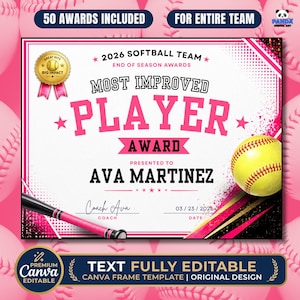 Softball Girls Teams Award Certificates | Editable Youth Team Awards Bundle | Sports Certificate Template | 50 Designs 11x8.5 Canva