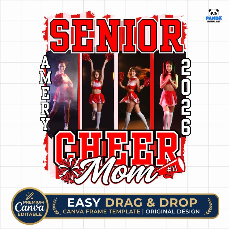 Editable Senior Cheer Mom 2026 PNG Canva frame, custom senior night graduation sublimation design, digital download gift