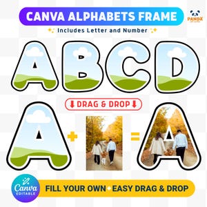 Könnte beinhalten: Grafik mit den Buchstaben A, B, C und D, jeweils mit einem Landschaftsdesign. Der Text "CANVA ALPHABETS FRAME" und "Includes Letter and Number" wird oben angezeigt. Die Wörter "DRAG & DROP" und "FILL YOUR OWN + EASY DRAG & DROP" sind ebenfalls sichtbar.