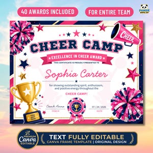 Pode incluir: Um certificado de prémio Cheer Camp com texto em azul-marinho e rosa, um troféu dourado, pompons rosa e azul-marinho e um megafone. O certificado inclui o texto Cheer Camp, Excellence in Cheer Award e espaços para nome, data e assinatura do treinador.