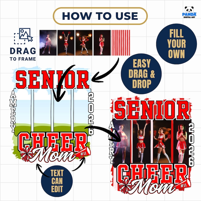 Editable Senior Cheer Mom 2026 PNG Canva frame, custom senior night graduation sublimation design, digital download gift