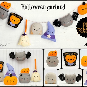 PDF Pattern. Halloween garland. Owl, cauldron, broom, tomstone, witch hat, bat and pumpkin felties.