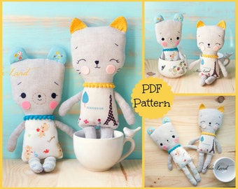 PDF pattern. Cat and Bear. Plush Doll Pattern, Softie Pattern, Soft felt Toy Pattern.