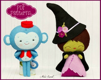 PDF. The wicked witch of the west and the flying monkey. Oz pattern. Plush Doll Pattern, Softie Pattern, Soft felt Toy Pattern.
