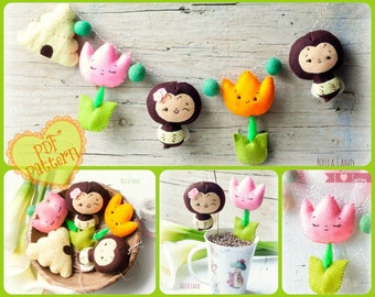 PDF. Spring garland. Bee, tulip and beehive. Plush Doll Pattern, Softie Pattern, Soft felt Toy Pattern.