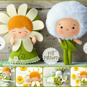 PDF pattern. The daisy and the dandelion. Plush Doll Pattern, Softie Pattern, Soft felt Toy Pattern.