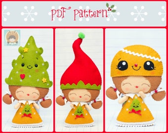 PDF Pattern. Elf girl with Christmas hats: Elf hat, Christmas tree hat and gingerbread hat