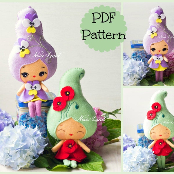 Pansy and Poppy fairies. PDF pattern. Felt doll.