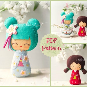 PDF. Kokeshi. Japanese dolls. Plush Doll Pattern, Softie Pattern, Soft felt Toy Pattern.