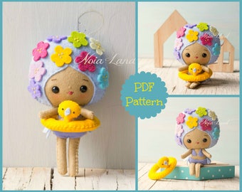 PDF. Summer girl. Plush Doll Pattern, Softie Pattern, Soft felt Toy Pattern.