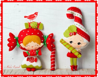 PDF. Candy and candy cane elves. Plush Doll Pattern, Softie Pattern, Soft felt Toy Pattern.